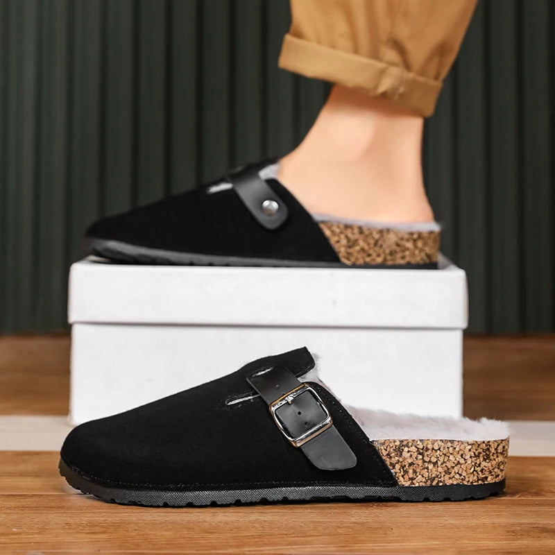 Winter Plush Slippers - Men's Warm Closed Toe Buckle Design Clogs