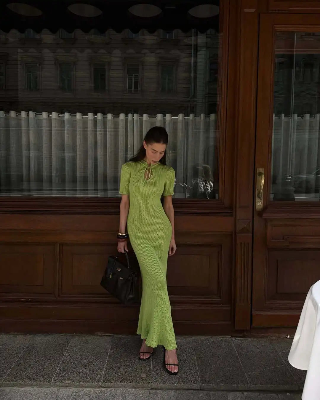 Women's Knitted Short Sleeve Maxi Dress - Casual Solid Sweater Bodycon Style