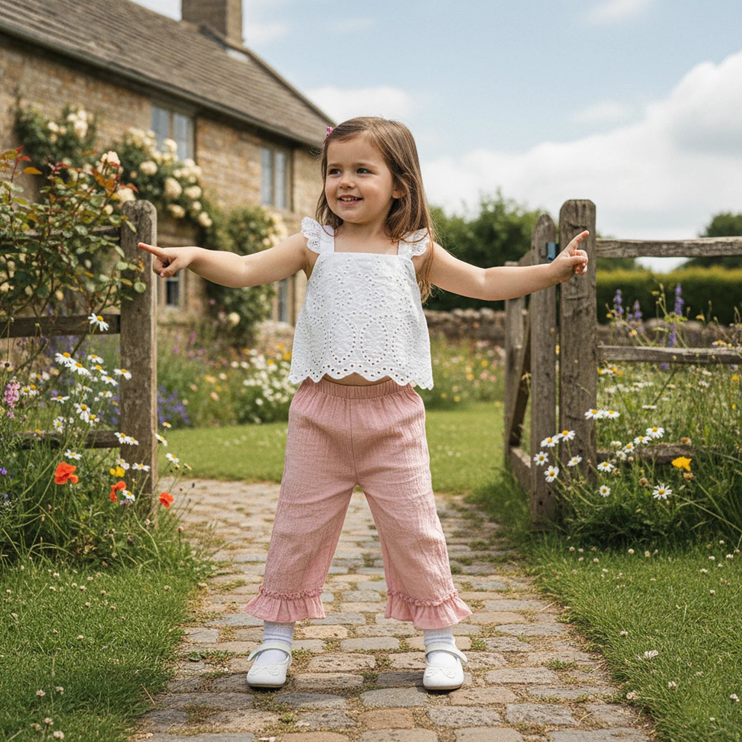 Girls Spring Outfit Set - Lace Ruffle Sleeveless Top & Wide Leg Pants (2-7Y)