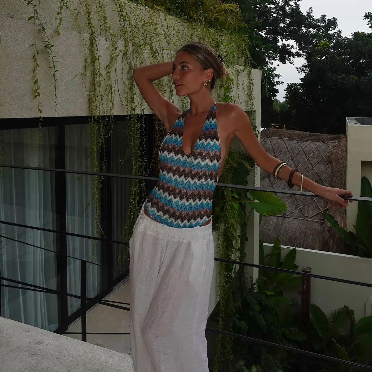 Print V-Neck Halter One-Piece Swimsuit