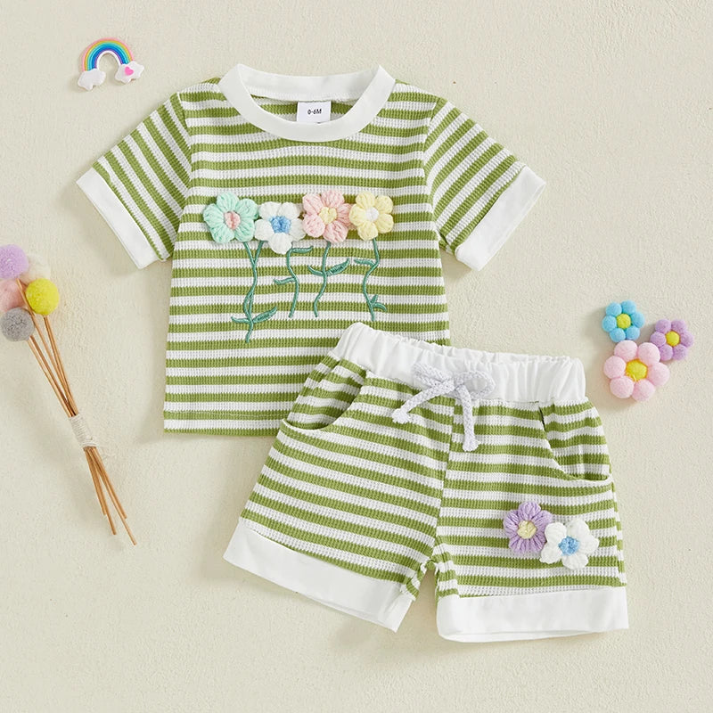 0-6Y Kids Girls Summer Clothes Sets Short Sleeve O Neck Flower Embroidery Striped T Shirts and Drawstring Shorts