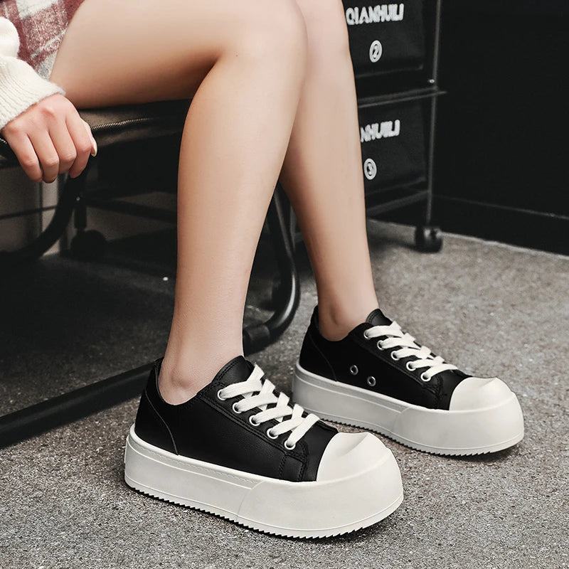 Men's Leather Platform Sneakers - Vulcanized Tennis Sports Shoes