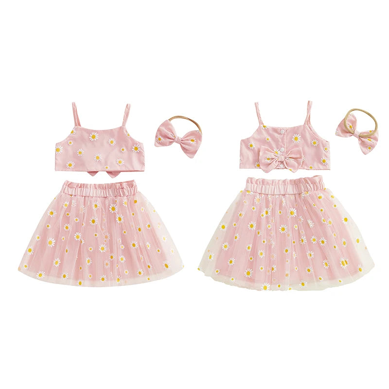 0-3Y Toddler Baby Girls Summer Clothes Sets Sunflowers Print Spaghetti Strap Top and Tulle Skirt Bow Headband