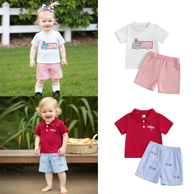 0-4Y Kids Girls Boys Clothes Sets Flag/Car Embroidery Short Sleeves T-Shirt and Elastic Shorts