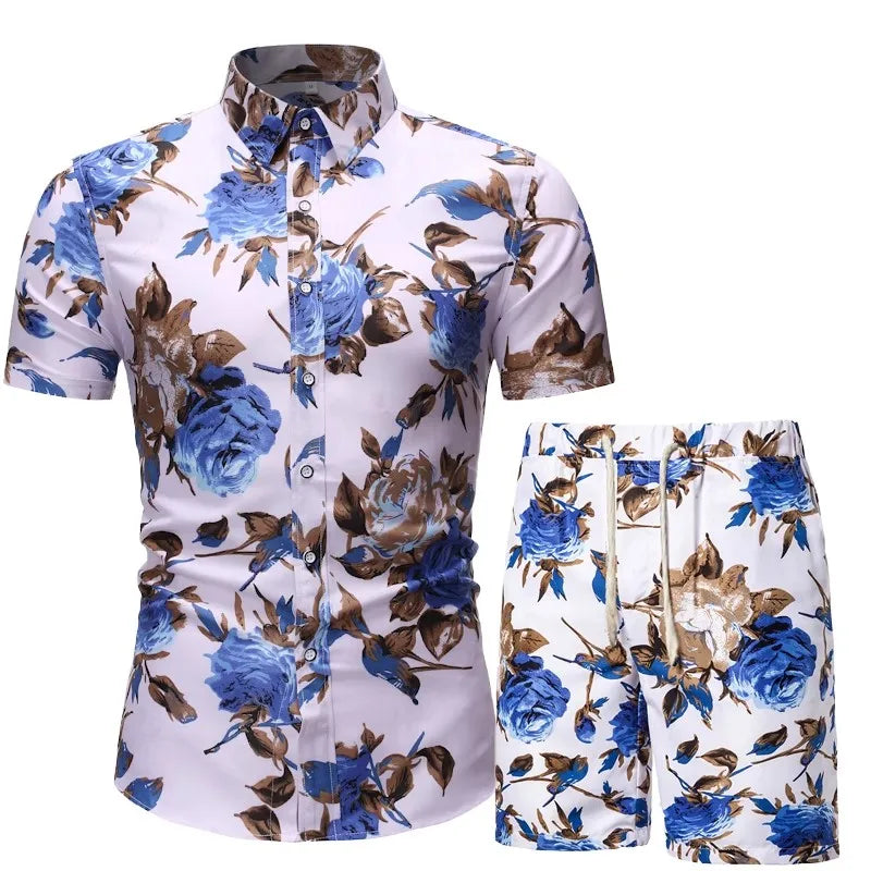 Men's Summer  Casual Set Print Hawaiian Short Sleeve Set Beach Wear Shirt and Shorts Set