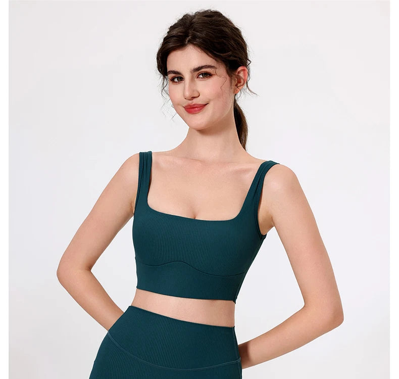 Women's High Impact Fitness Yoga Bra Soft Sports Underwear Square Neckline Gym Crop Top Breathable Workout Top