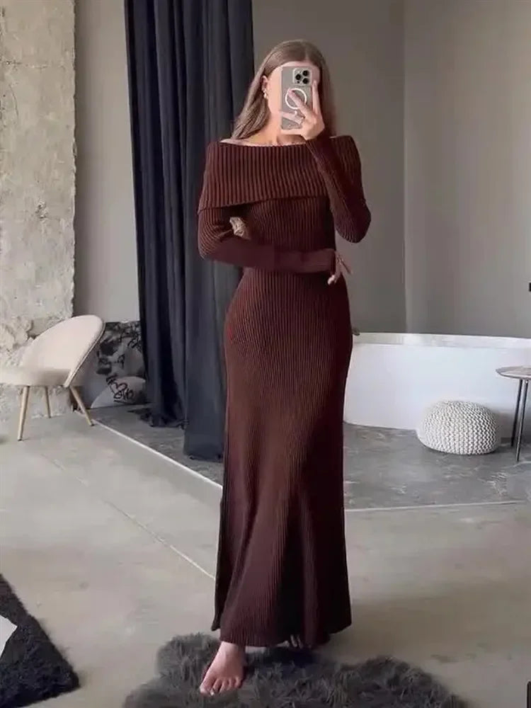 Women's Long Off-Shoulder Ribbed Loose High Waist Knitwear Maxi Dress