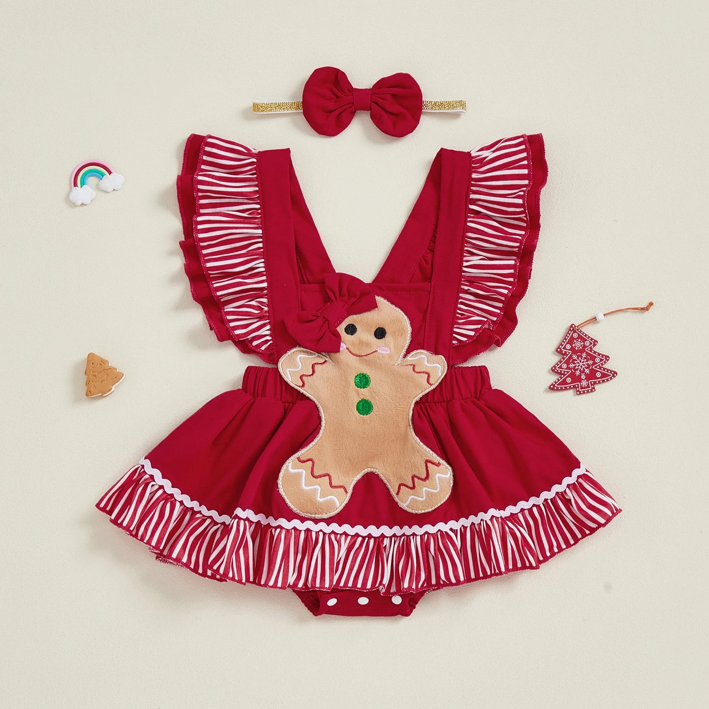Baby Girls Christmas Romper Dress - Gingerbread Man Flying Sleeve Jumpsuit with Bow Headband (0-18M)