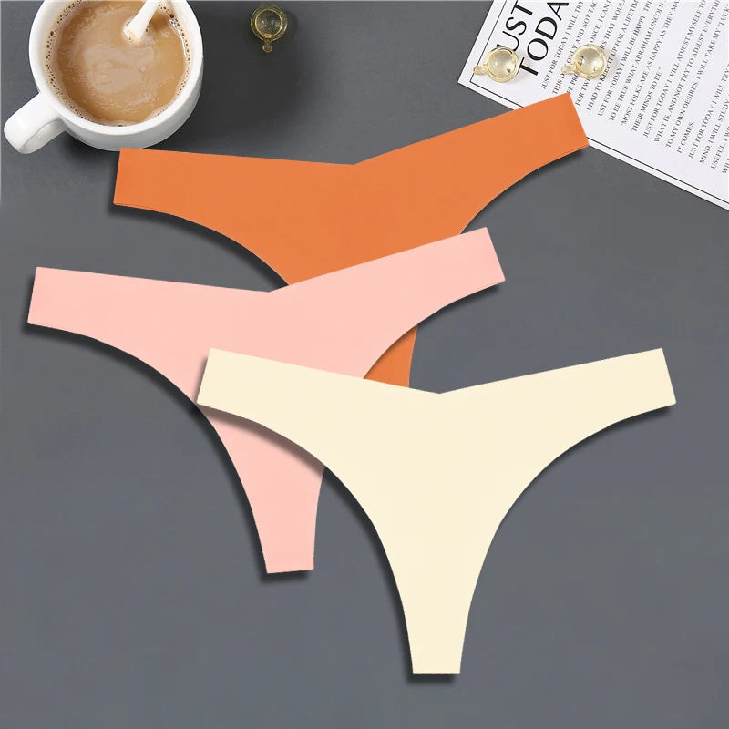 3PCS Women Ice Silk Seamless Underpants Panties, V-Waist Sport Thongs Low Rise 10 Solid Colours Breathable G-string