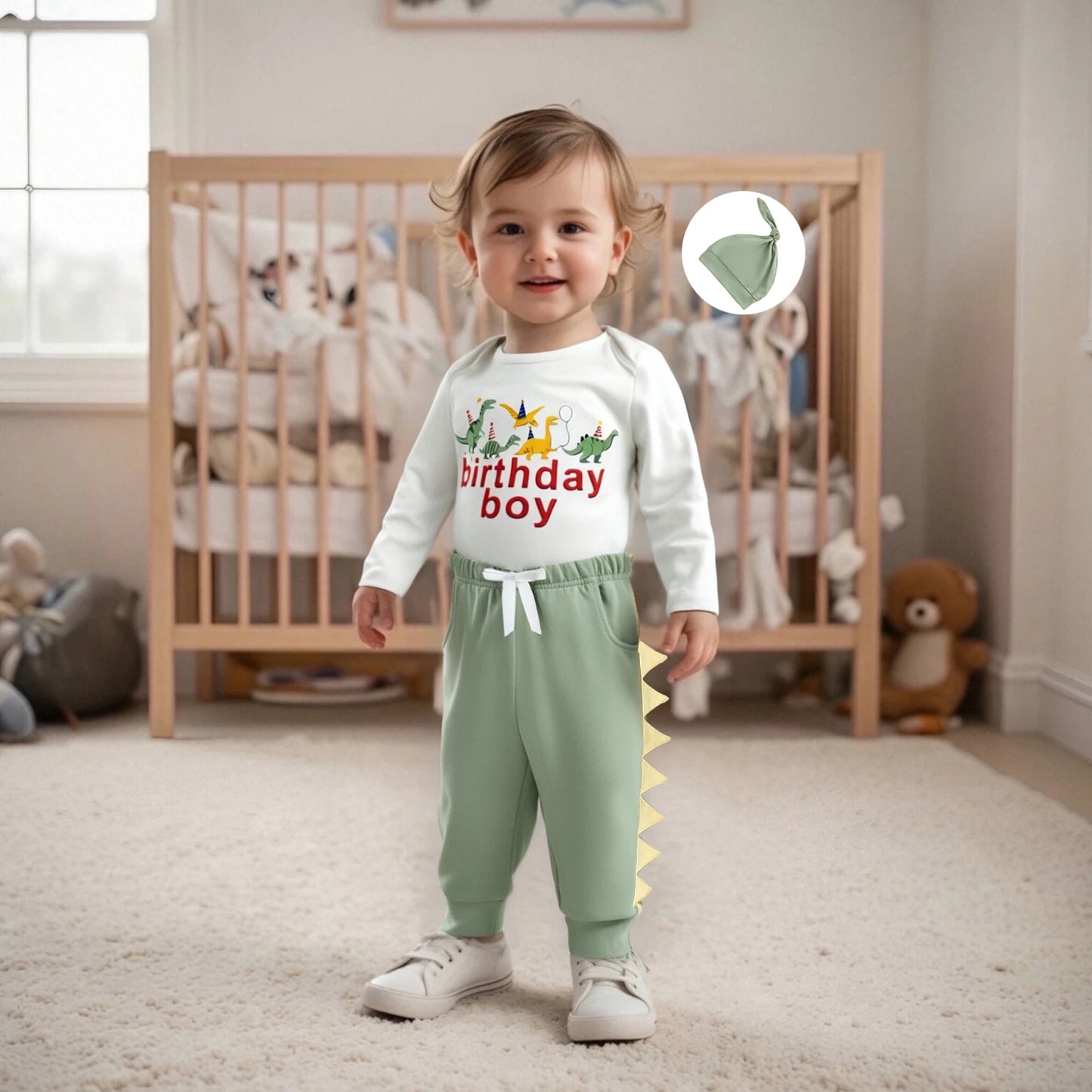 Baby Boys Dinosaur Outfit Set - 3-Piece Long Sleeve Romper, Pants & Hat (0-24M)