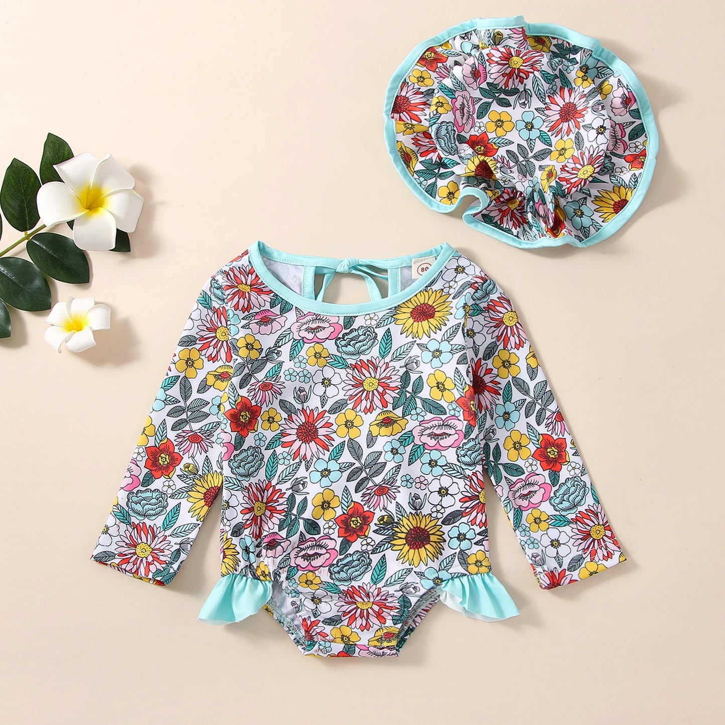 1-5Y Kids Girls Swimsuit 2pcs Floral Print Tie-Up Hollow-Out Long Sleeve Swimsuit with Swim Cap