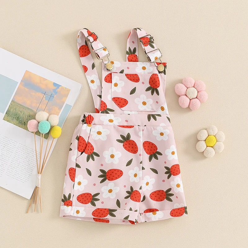 Kids Girls Overalls Shorts 0-6Y Sleeveless Straps Strawberry/Flower Print Denim Button Pocket Jumpsuit