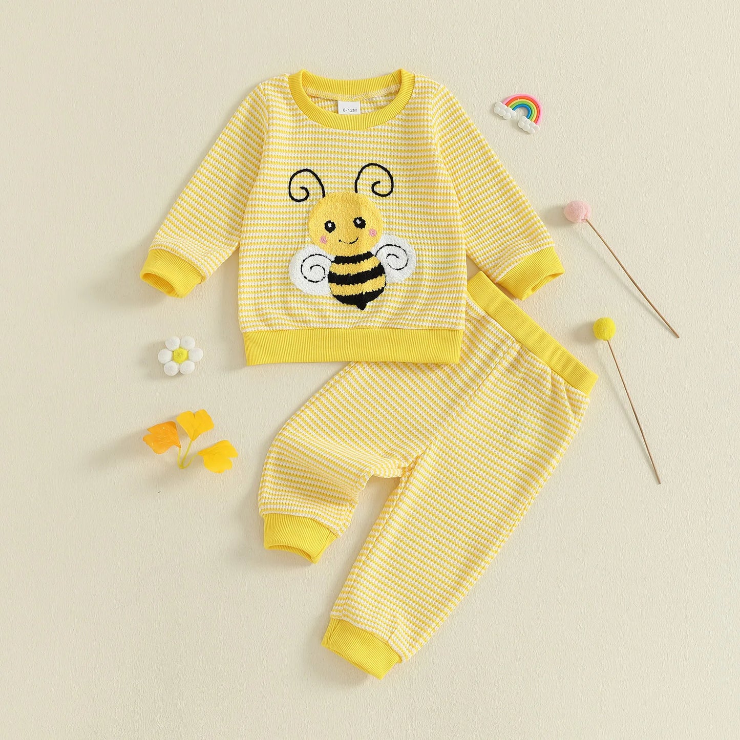 Toddler Autumn Winter Clothes Set - Striped Bee Embroidery Sweatshirt & Elastic Pants (0-3Y)