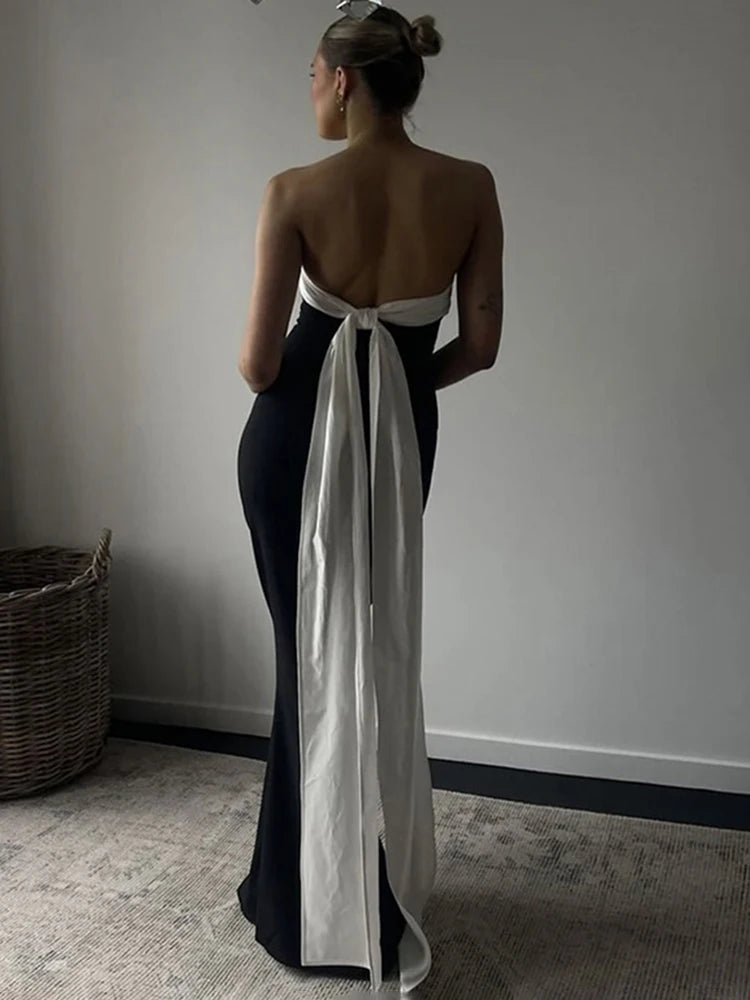 Women's Backless Bows Strapless Contrast Ribbon Long Dress Elegant Female Bodycon Gown Clothes