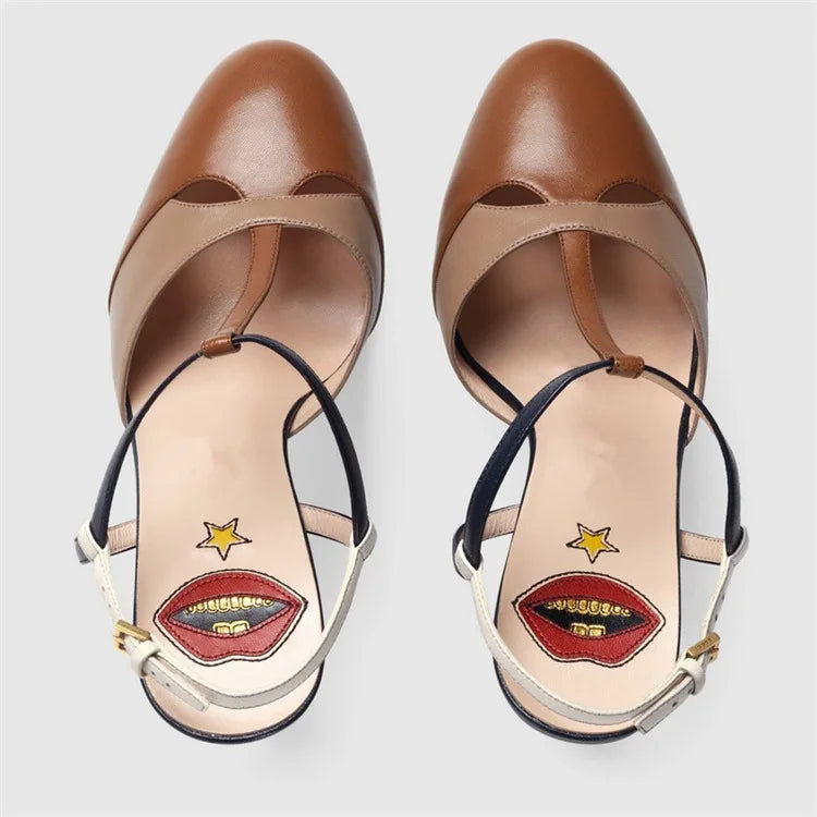 Women's Leather Platform Sandals - Wedge Heel Rivet T-Strap Sandals