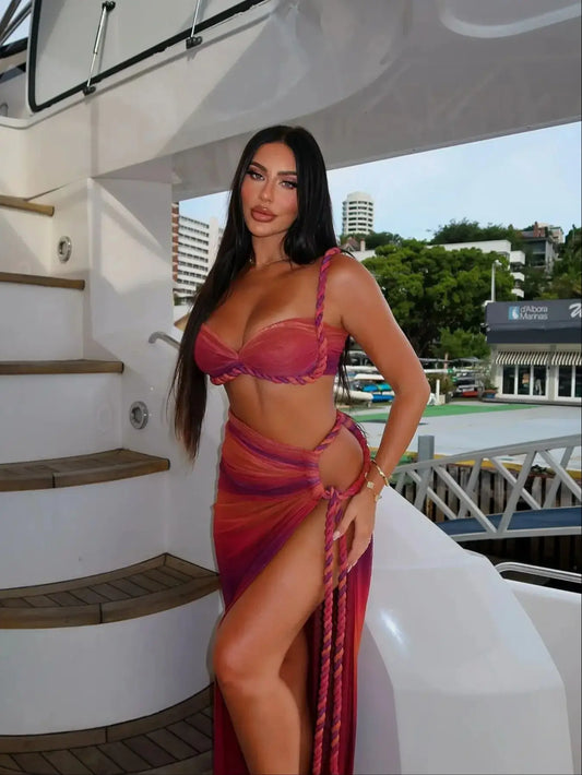 Women's Braid Bandage Bikini with Skirt 3Pcs Halter Bra Summer Skirt