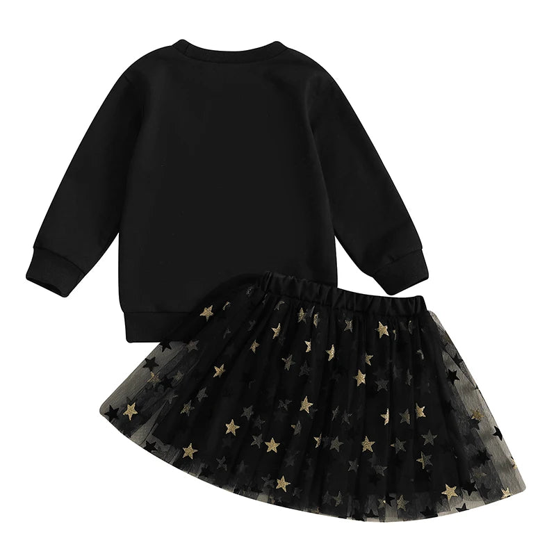 1-7Y Girls New Year Clothes Sets 2pcs Letter Embroidery Long Sleeve Sweatshirt Tops and Lace Tutu Skirts