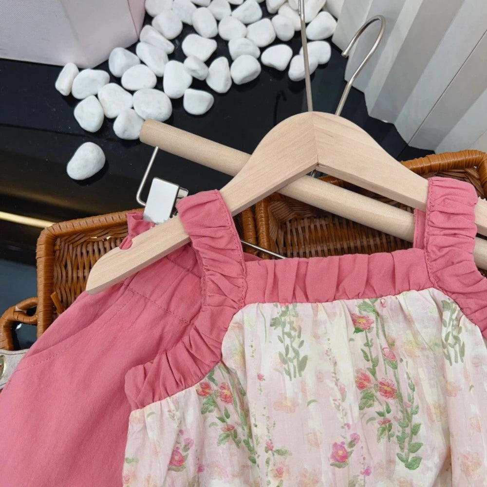 Girl's Pink Flower Camisole Top and wide Leg Pants Two-piece Set Summer 3-7 Years Old