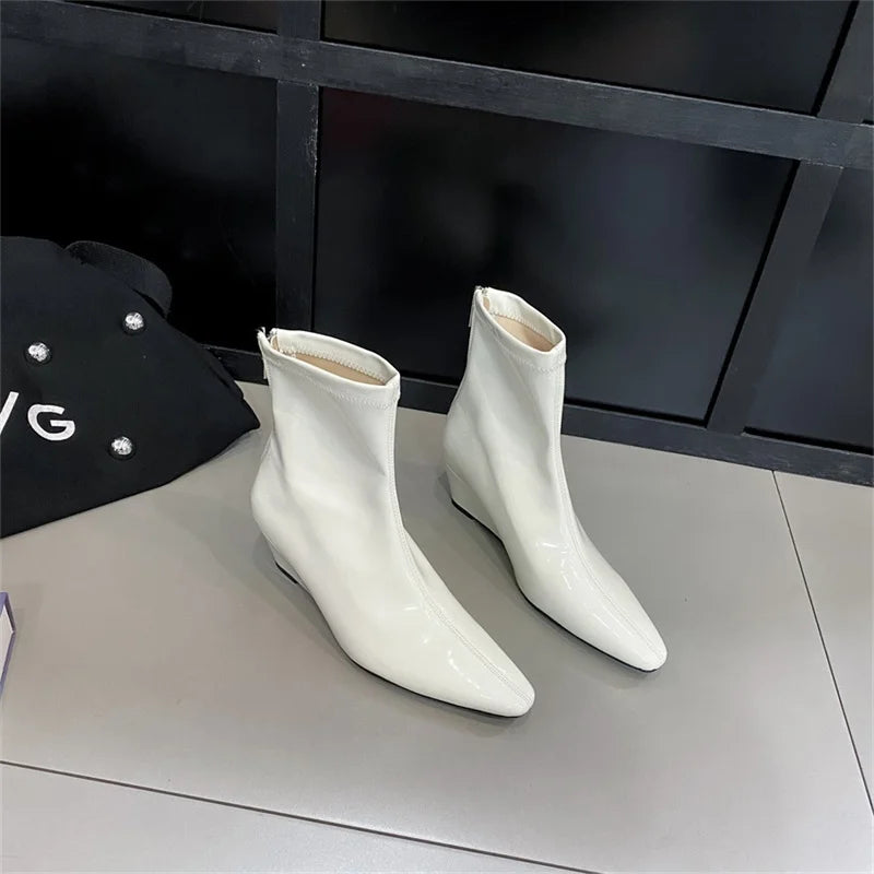 Patent Leather Pointed Toe Chelsea Ankle Boots | Wedge Heel & Rear Zip