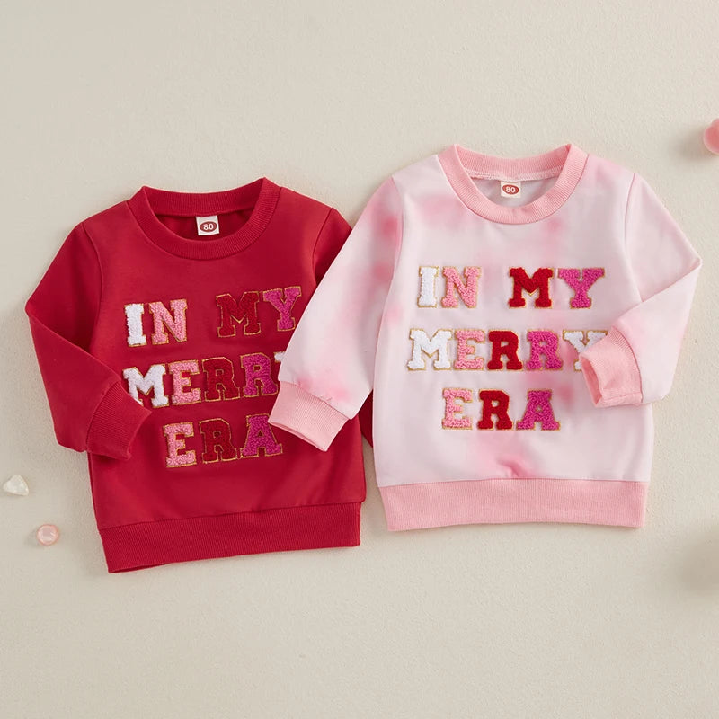 0-3Y Baby Girl Christmas Sweatshirt - Tie-Dye Print Letter Embroidery Long Sleeve Pullovers Top