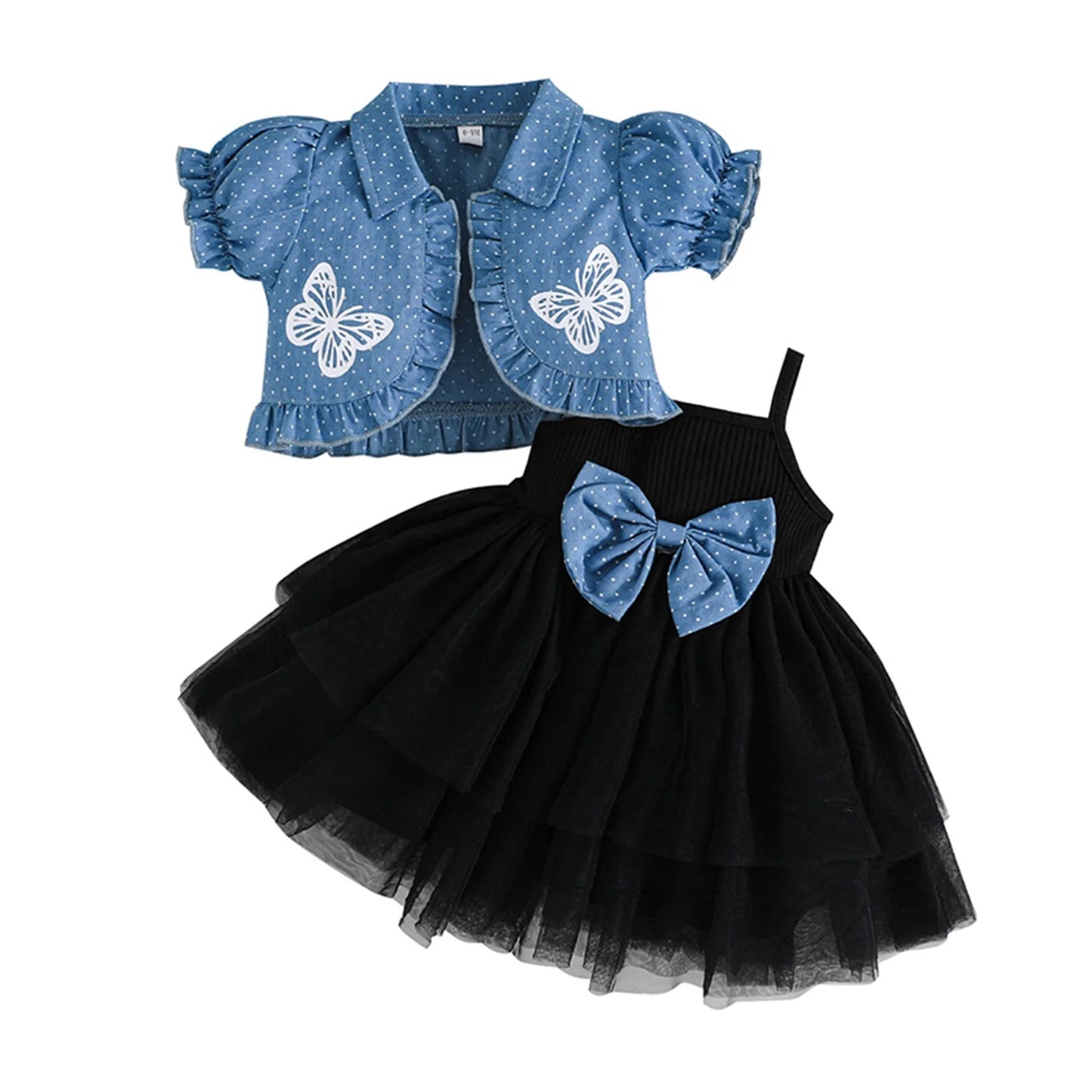 0-4Y Toddler Little Girls Summer Clothes Sets Butterfly Print Short Puff Sleeve Cardigan Tulle Strap Bow A Line Dress