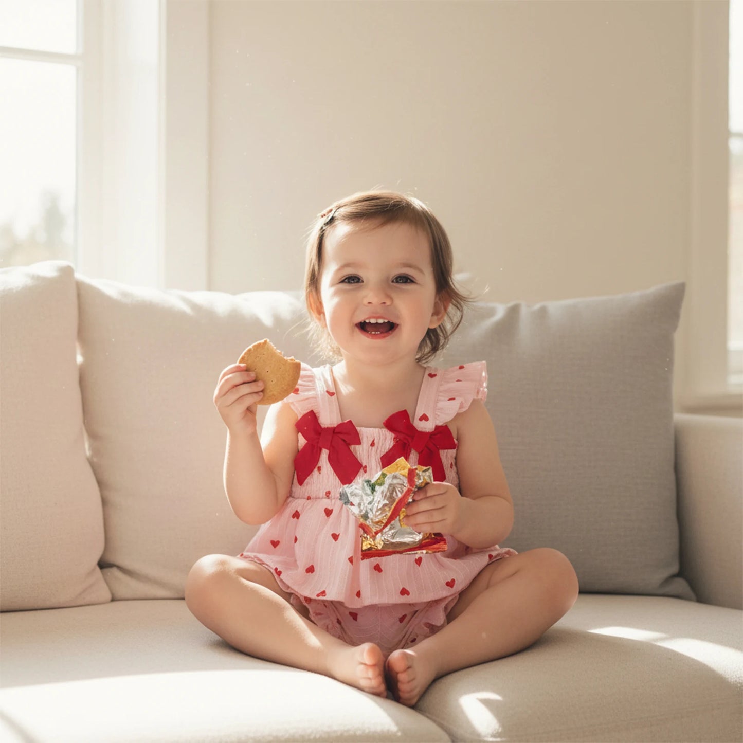 Toddler Girls Valentine's Day Ruffle Shoulder Strap Heart Print Top and Shorts Set