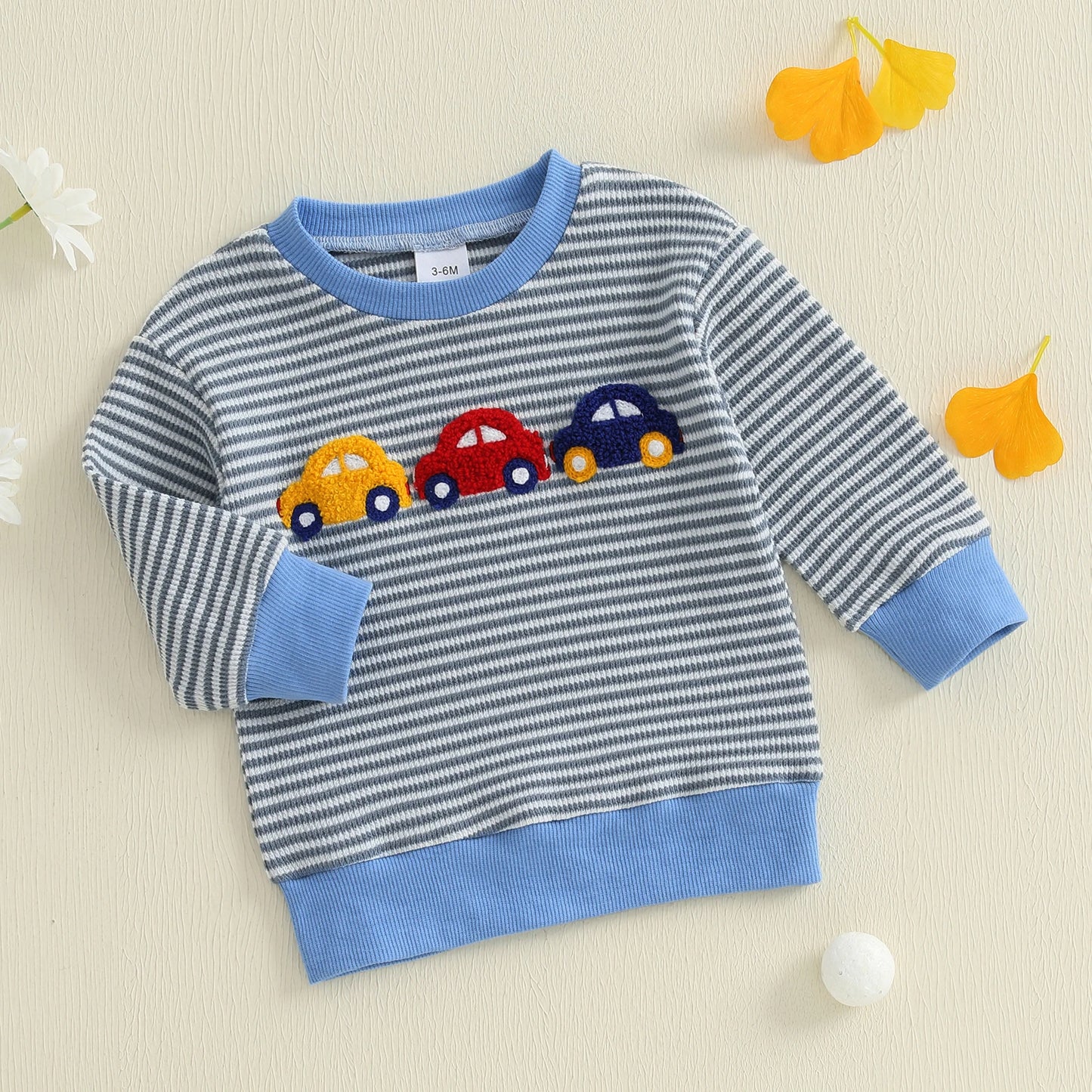 Baby Boys Car/Dinosaur Embroidered Striped Print Pullover Waffle Knit Top