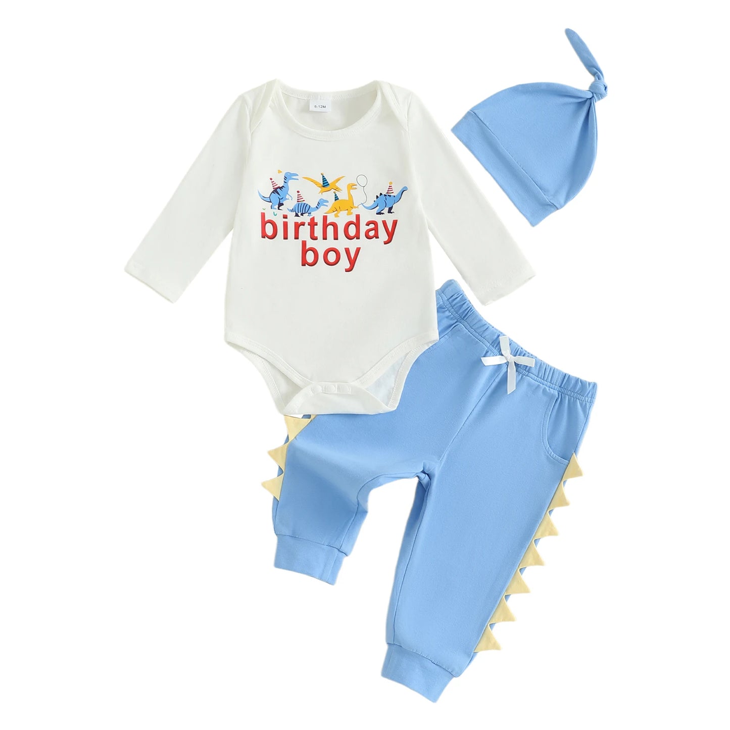 Baby Boys Dinosaur Outfit Set - 3-Piece Long Sleeve Romper, Pants & Hat (0-24M)