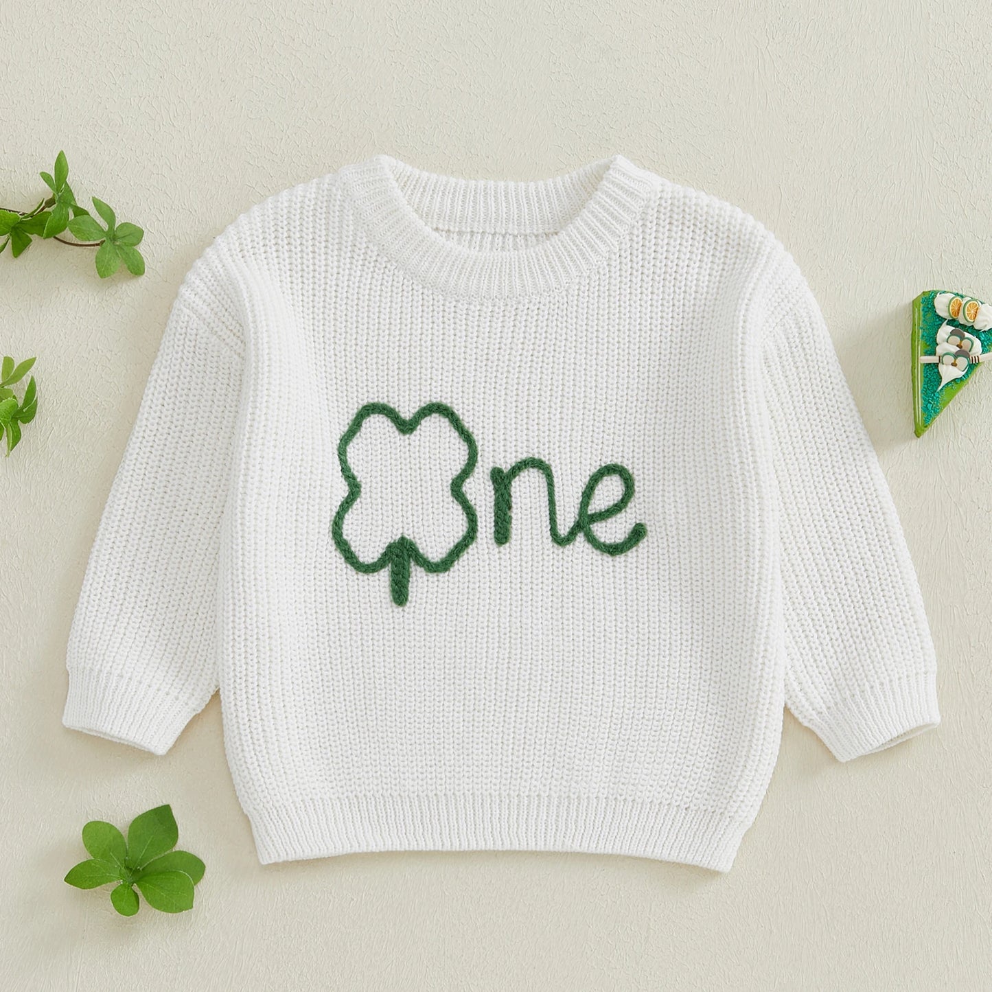 Baby Boys Girls Birthday Sweater 0-18M Clover Letter Embroidery Long Sleeve Pullover Knitwear