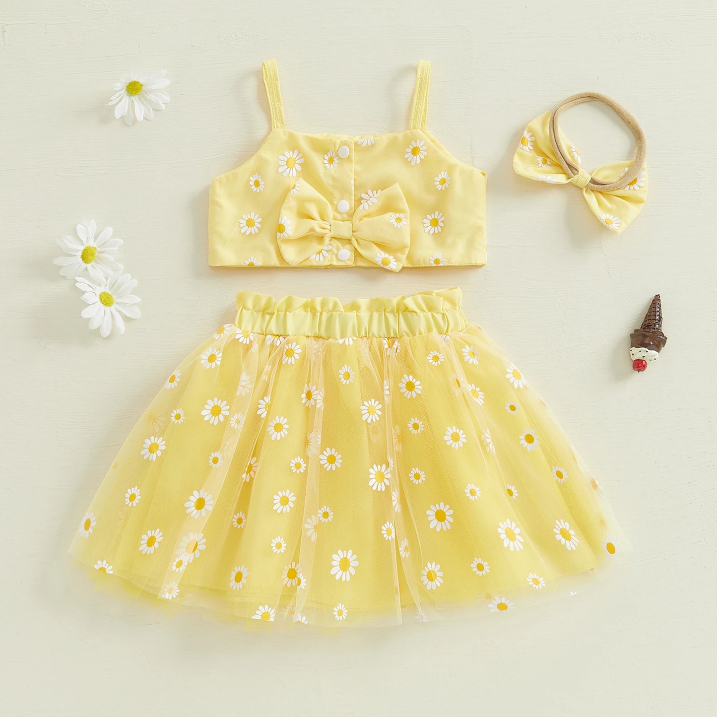 0-3Y Toddler Baby Girls Summer Clothes Sets Sunflowers Print Spaghetti Strap Top and Tulle Skirt Bow Headband