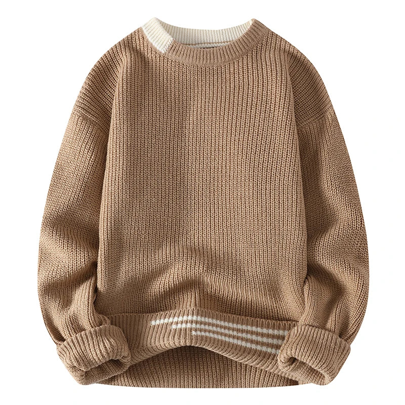 Men's Patchwork Knit Sweater - Slim Fit O-Neck Pullover for Autumn Winter