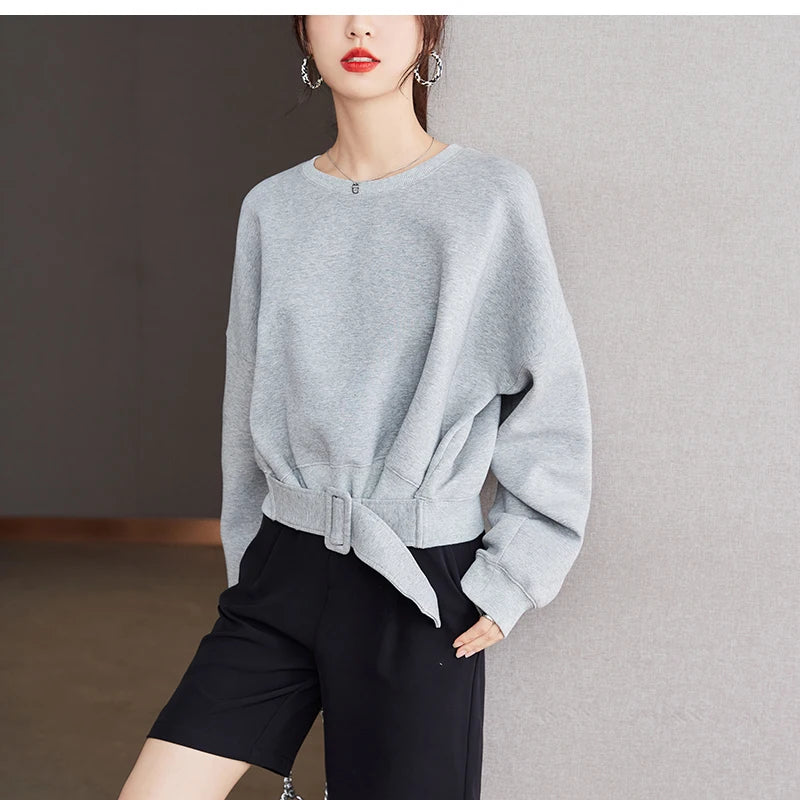 Women Plain Long Sleeve Belt Waist Loose Casual Oversize Pullover Jumper Sweatshirt