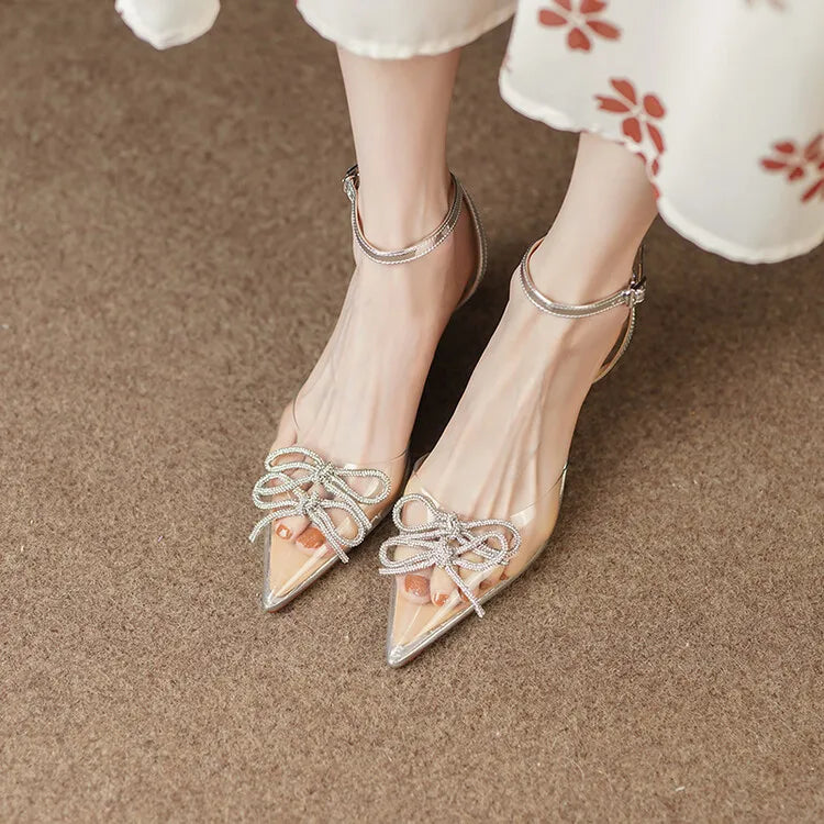 Women's Pointed Toe Rhinestone Wedding Sandals - Bowknot Pendant Pumps