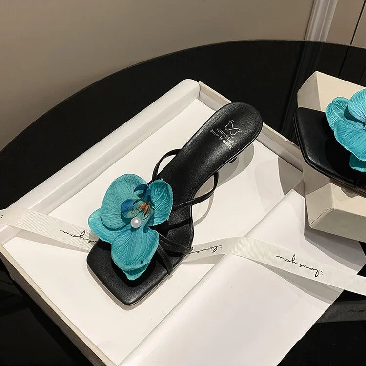 Women's 3D Flower Beach Slippers - Square Toe Heel Sandals