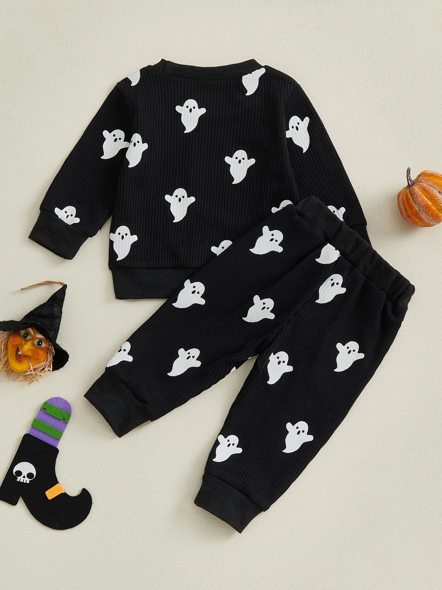 Toddler Boy's Halloween Outfit Set - Ghost Print Sweatshirt & Elastic Pants