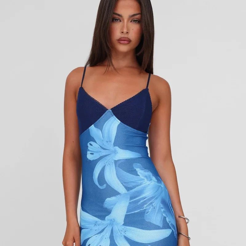Women's Floral Print Backless Maxi Dress - Summer Slip Bodycon Long Party Dress