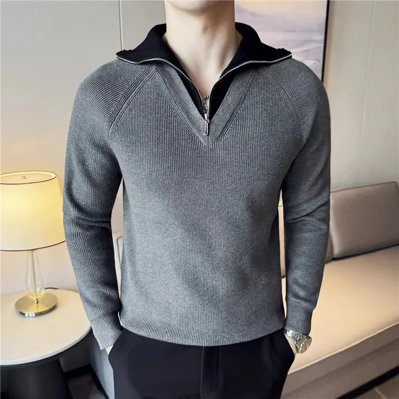 Men's Half Zipper Turn Down Collar Casual Patchwork Knit Pullovers Sweater