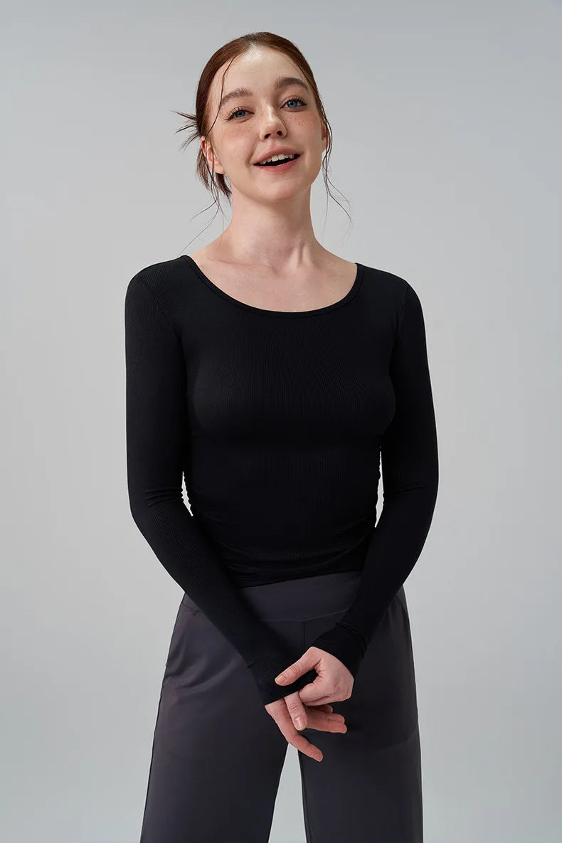 Ribbed Gym Top - Long Sleeve Drape Sides Yoga Shirt with Dry Fit