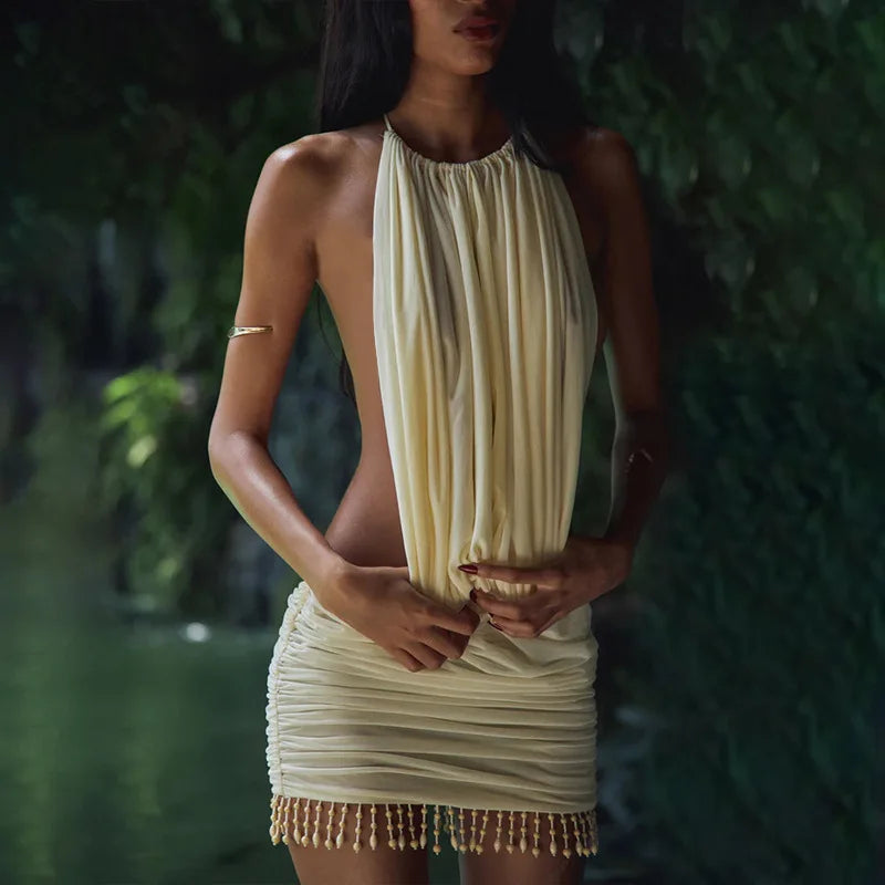 Embellished Halter Backless Mini Dress