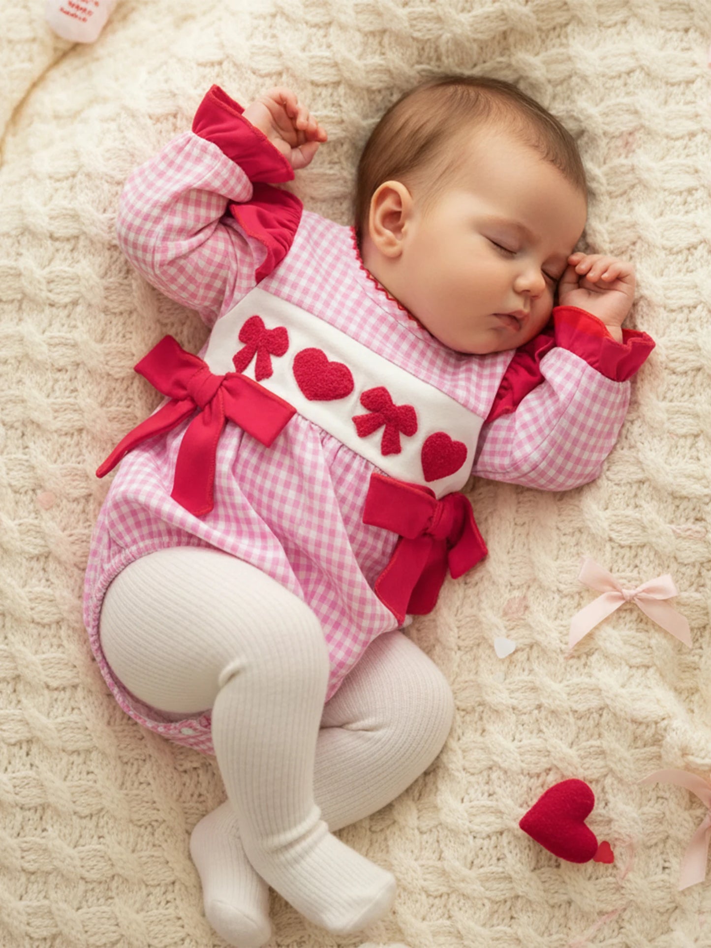 Baby Girls Boys Valentine's Day Plaid Print Bow Heart Embroidered Long Sleeve Romper