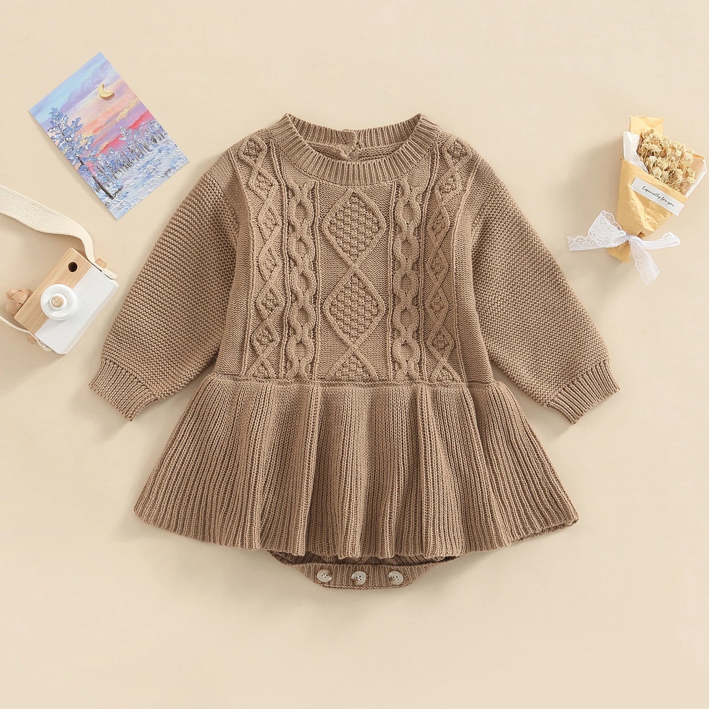 Girls 0-24M Knitted Sweater Romper Dress - Long Sleeve Solid Button Jumpsuit