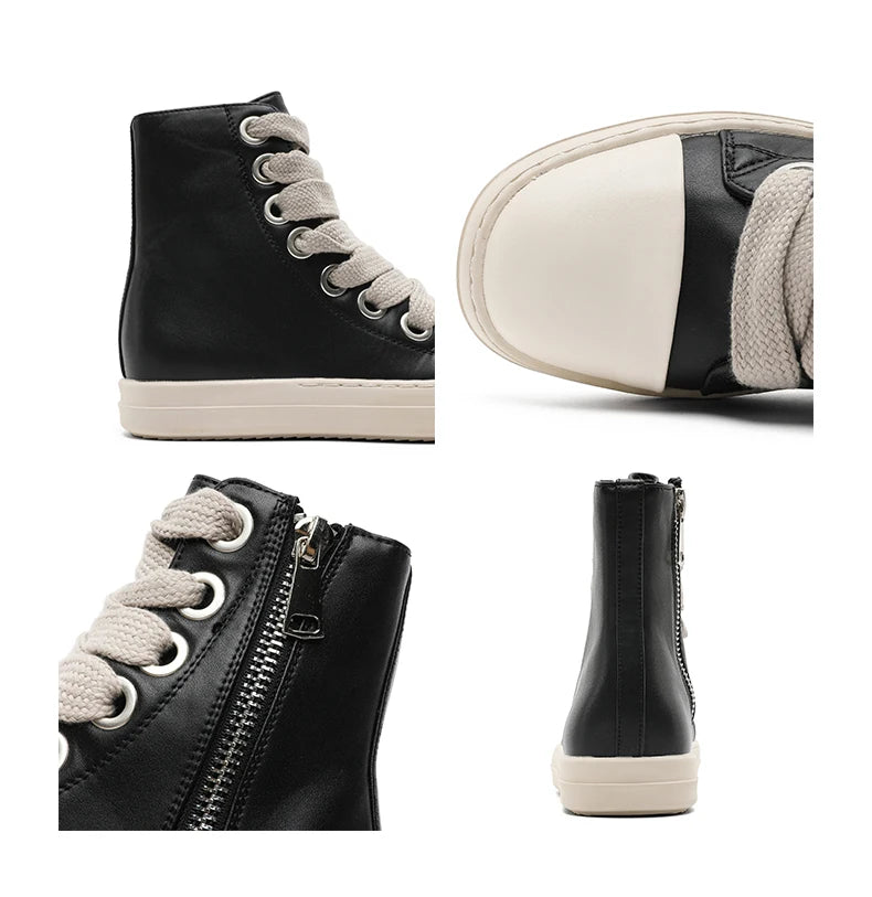 Men's High-Top Leather Sneakers - Lace-Up Zipper Ankle Boots