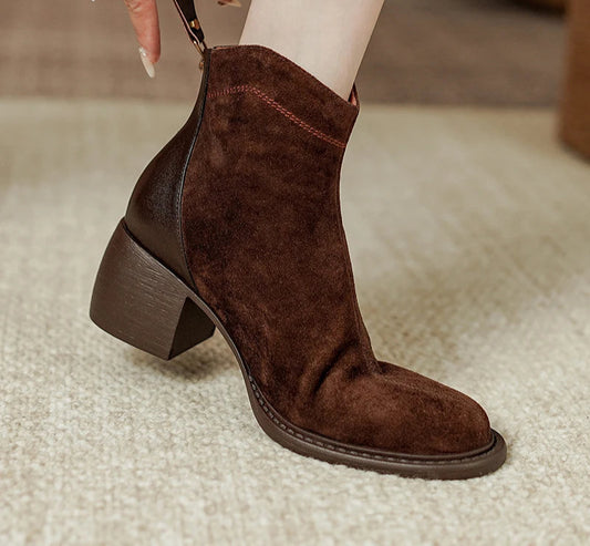 Women's Round Toe Chunky Heel Sheep Suede Leather Retro Ankle Boots