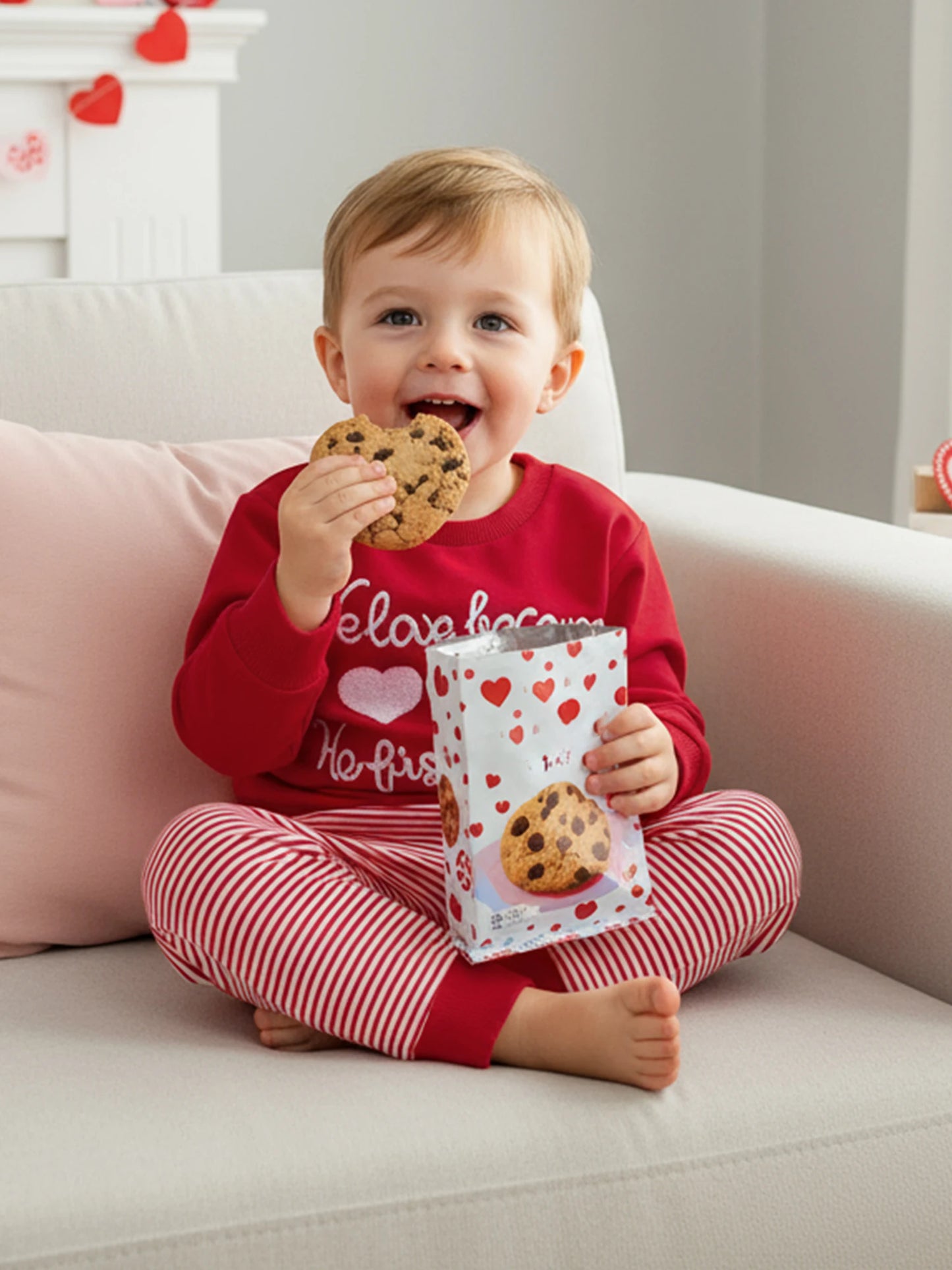 Valentine's Day Baby Boys Outfit Set - Heart Embroidery Sweatshirt & Stripe Pants