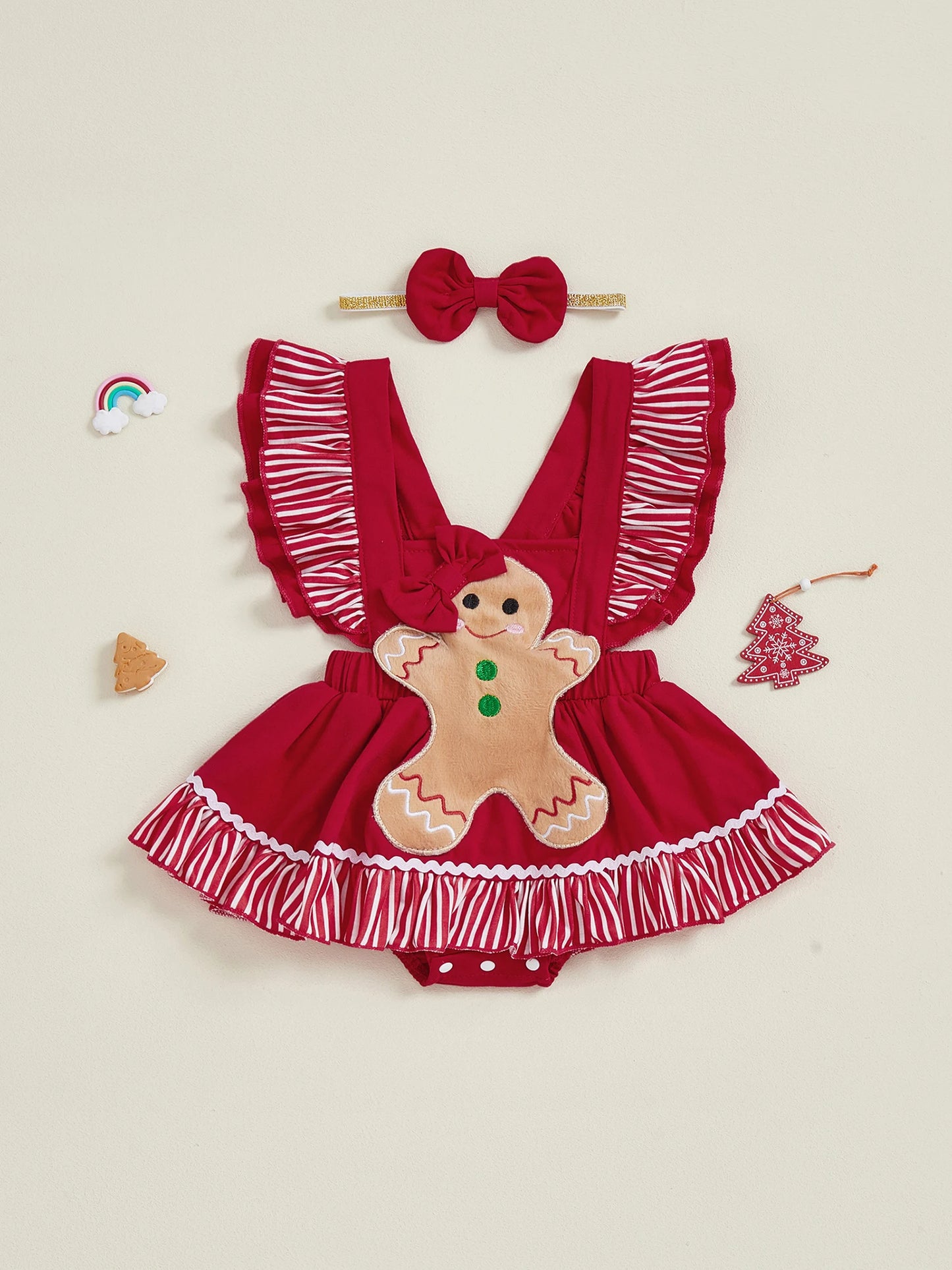 Baby Girls Christmas Romper Dress - Gingerbread Man Flying Sleeve Jumpsuit with Bow Headband (0-18M)