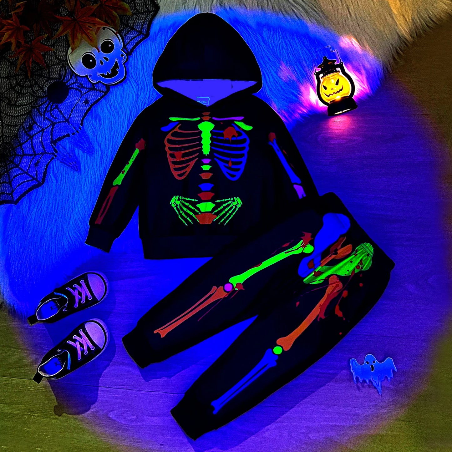 1-6Y  Kids Boys Halloween Dark Skeleton Costume Clothes Sets Long Sleeve Cartoon Hooded Tops and Pants