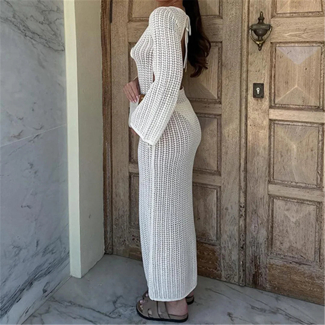 3D Flower V Neck Crochet Knitted Beach Cover Up Tunic