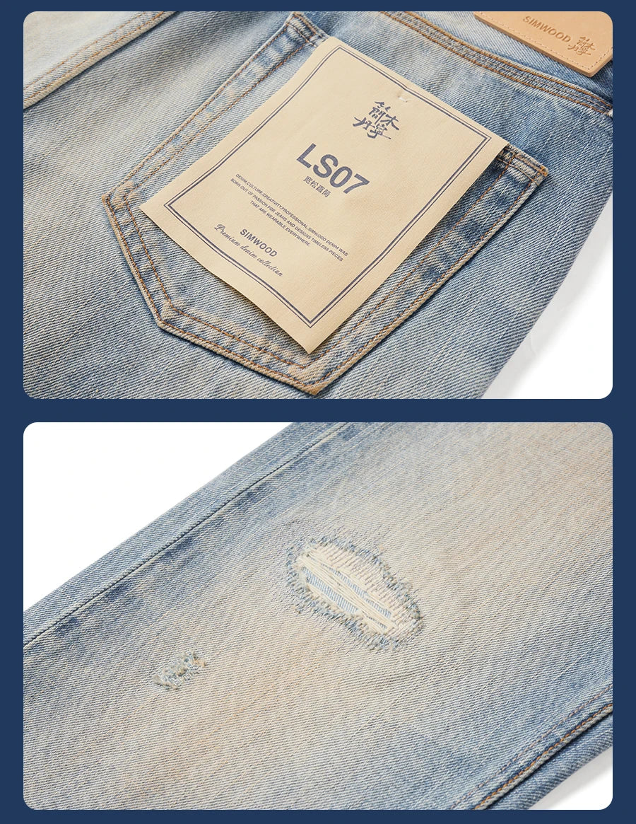 Men's Premium Selvedge Denim Jeans - 14.3oz Cotton Loose Straight Patchwork