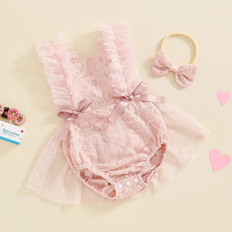 Baby Girls Princess Romper Dress with Hairband - Lace Flower Embroidery Tulle Jumpsuit