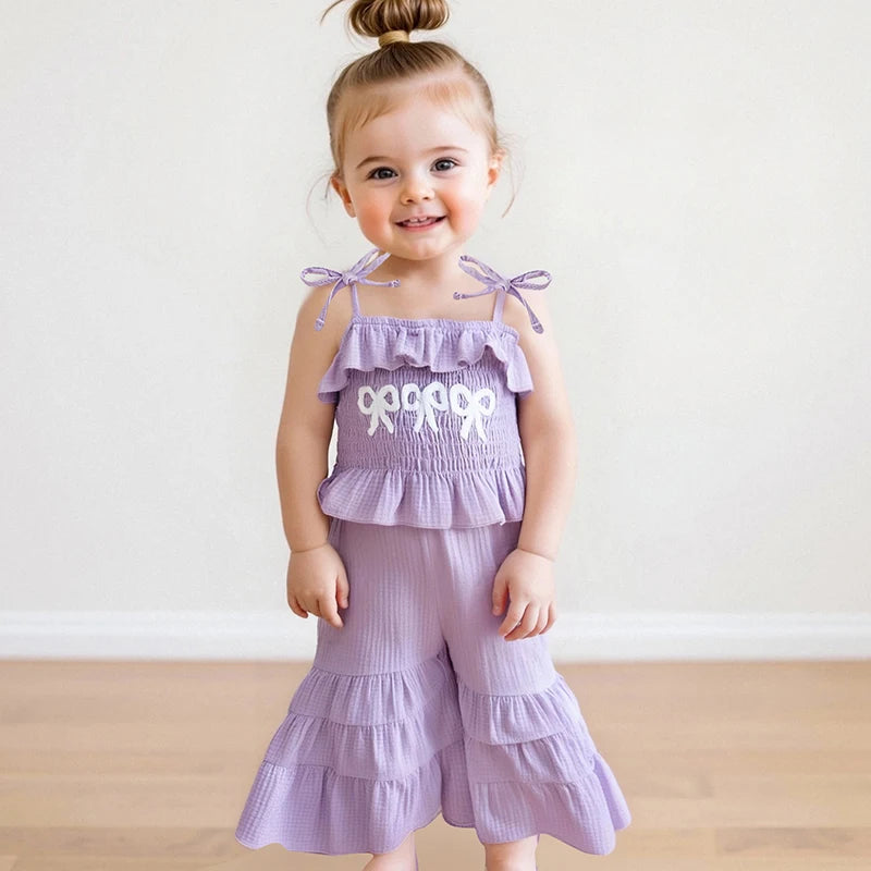 0-6Y Kids Girls Summer Clothes Set Bow Embroidery Tie-Strap Tank Top with Solid Color Flare Pants
